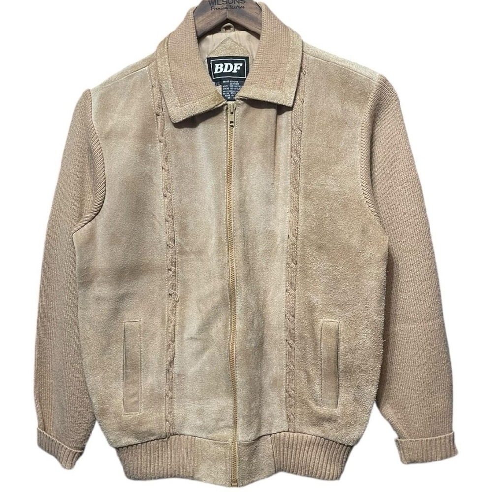 vintage 80s BDF Wilsons leather suede cable knit collared full zip bomber jacket